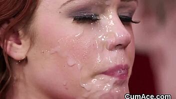 Horny woman receives a facial of hot cum after intense handjob and oral sex
