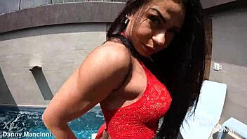 Voluptuous girlfriend flaunts her big tits and perfect ass in a tight cat suit