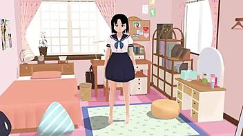 Asian schoolgirl in sailor uniform poses in her room